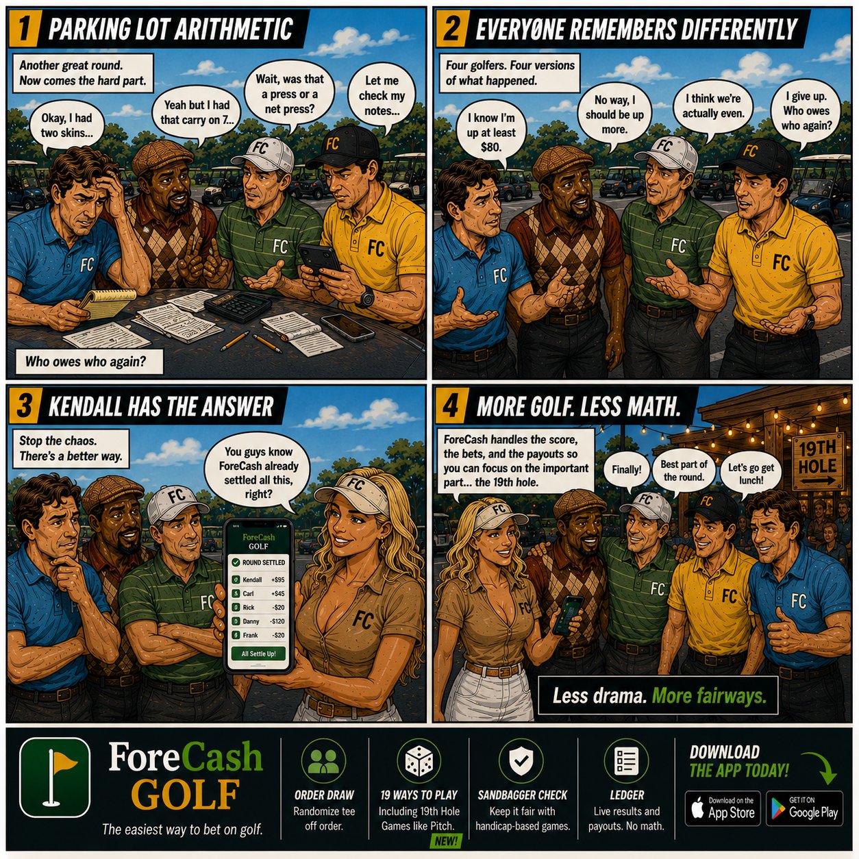 Parking Lot Arithmetic comic — four golfers arguing over who owes what until Kendall pulls up ForeCash's already-settled round