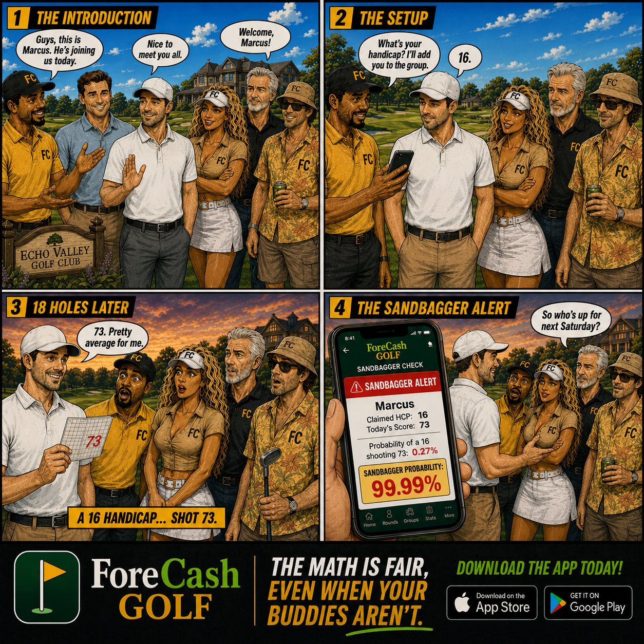 Sandbagger Alert comic — new guy Marcus claims a 16 handicap, shoots 73, and ForeCash flags a 99.99% sandbagger probability