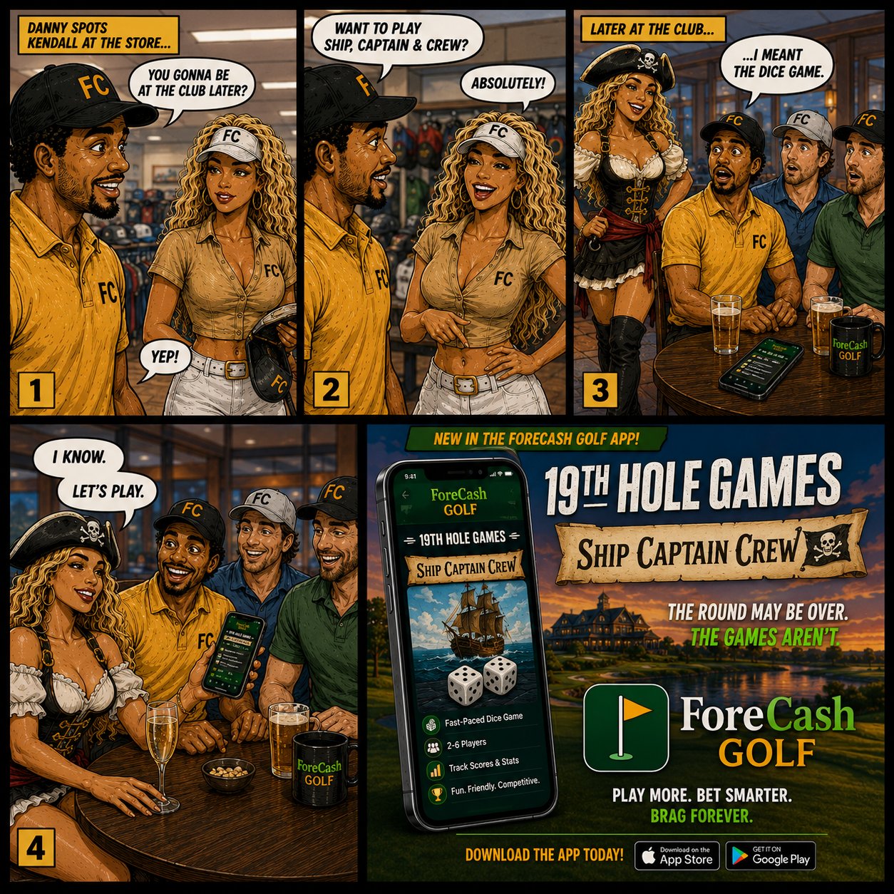 Ship, Captain, Crew comic — Danny and Kendall's plans get crossed at the club, announcing 19th Hole Games