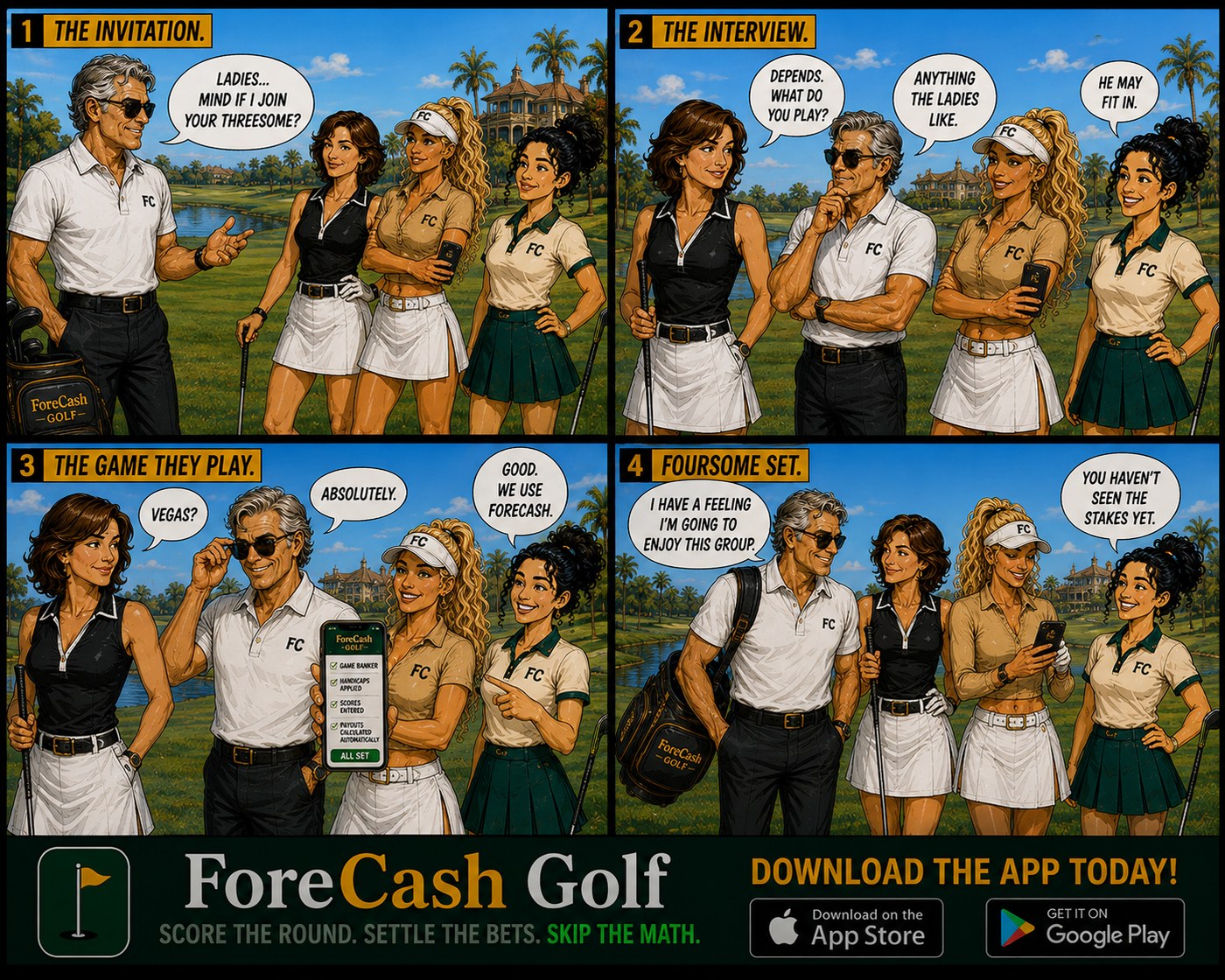 The Threesome comic — the guys joins the ladies for a Vegas foursome, settled with ForeCash
