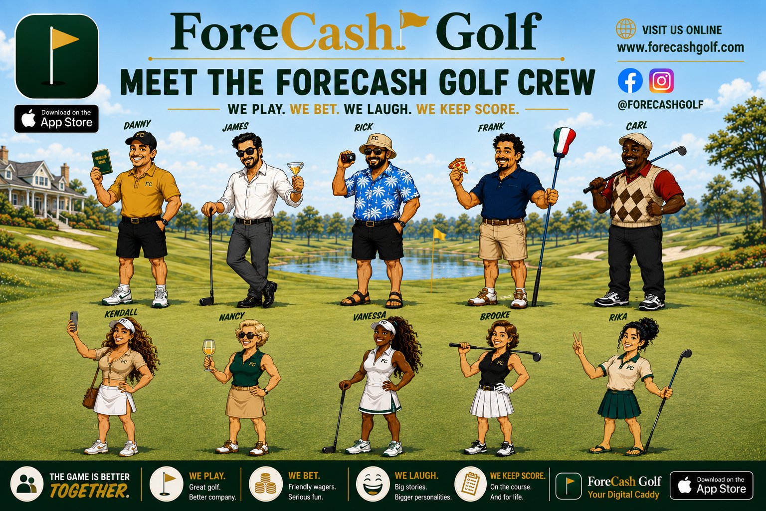 The ForeCash Golf Crew: Danny, James, Rick, Frank, Carl, Kendall, Nancy, Vanessa, Brooke, and Rika standing on the fairway