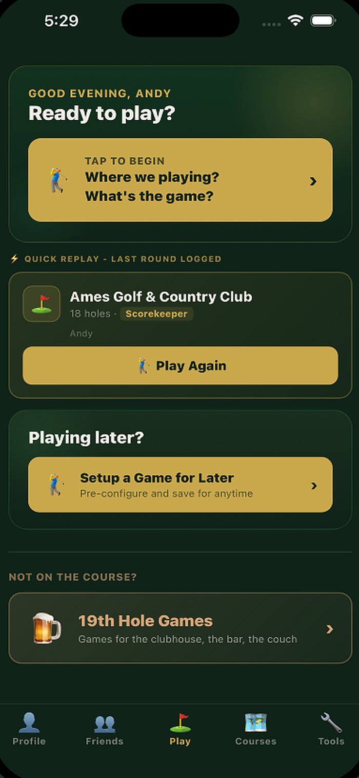 ForeCash Golf home screen showing Ready to play, Quick Replay, and 19th Hole Games entry