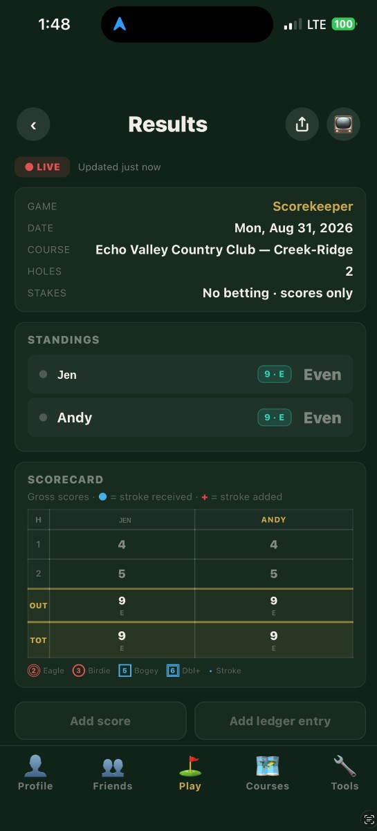Watching a Scorekeeper round live, showing Jen and Andy's standings and scorecard updating in real time