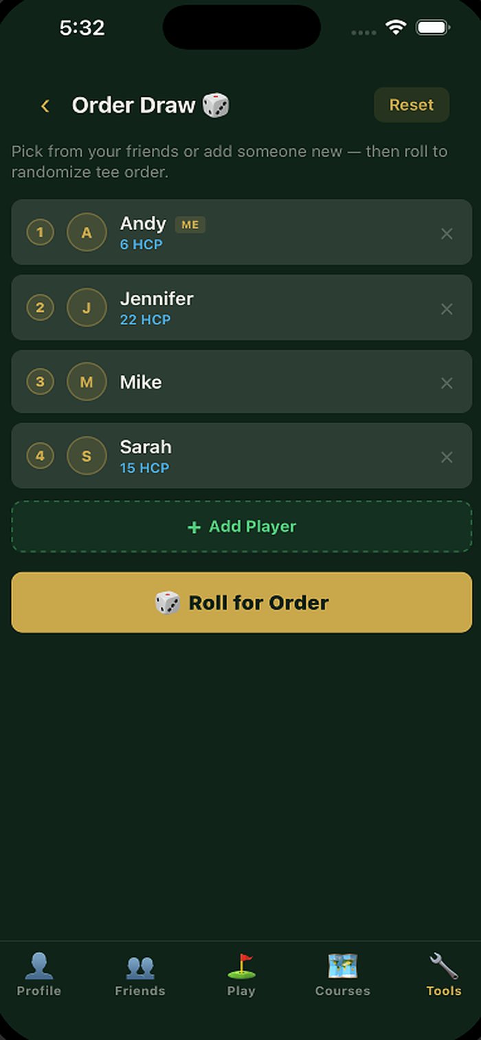 Order Draw showing Andy, Jennifer, Mike and Sarah with their handicaps, ready to roll for tee order