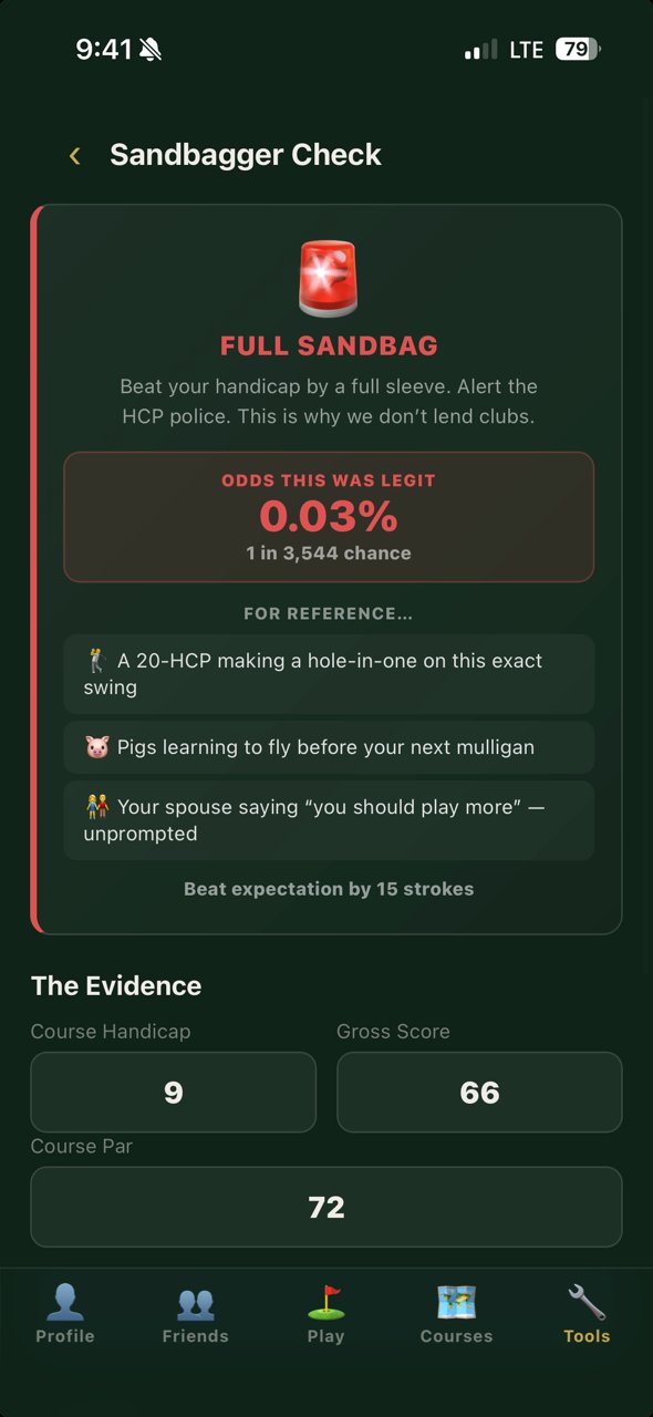 Sandbagger Check showing FULL SANDBAG alert with 0.03% odds of legitimacy